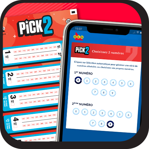 Image d’un billet de PICK2 à côté d’un téléphone mobile montrant l’écran de sélection des numéros de PICK2