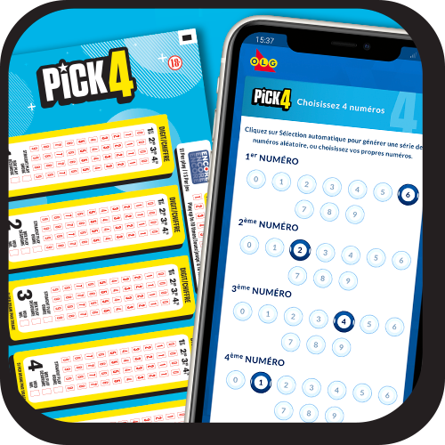 Image d’un billet de PICK4 à côté d’un téléphone mobile montrant l’écran de sélection des numéros de PICK4